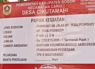 Pemdes Cikutamahi Realisasikan Peningkatan Jalan Kampung Tegal Peundeuy, Anggaran Rp,220,9 Juta